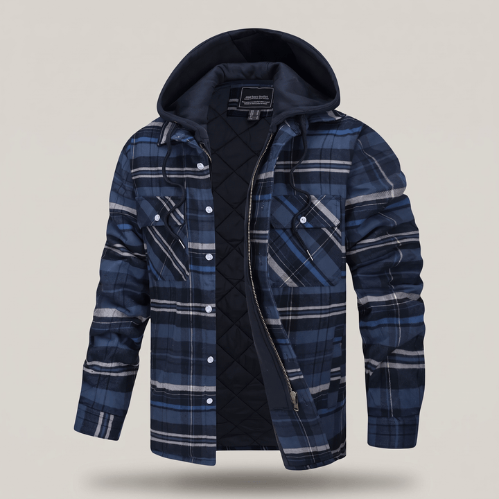 Navy blue checked hooded jacket with black quilted lining, zip front, and button pockets.