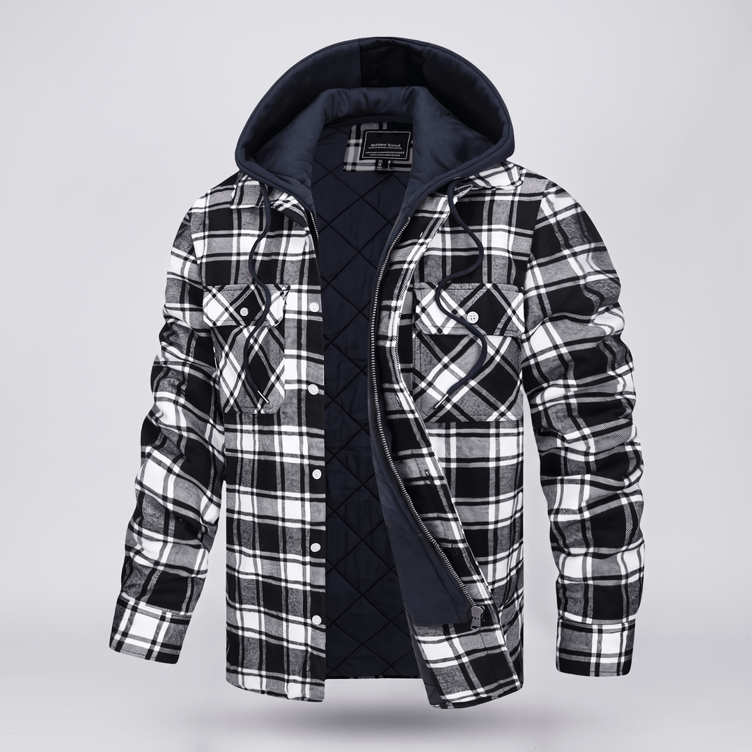 Black and white checked hooded jacket with black quilted lining and button chest pockets.