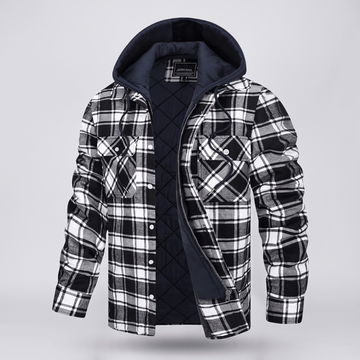 Black and white checked hooded jacket with black quilted lining and button chest pockets.