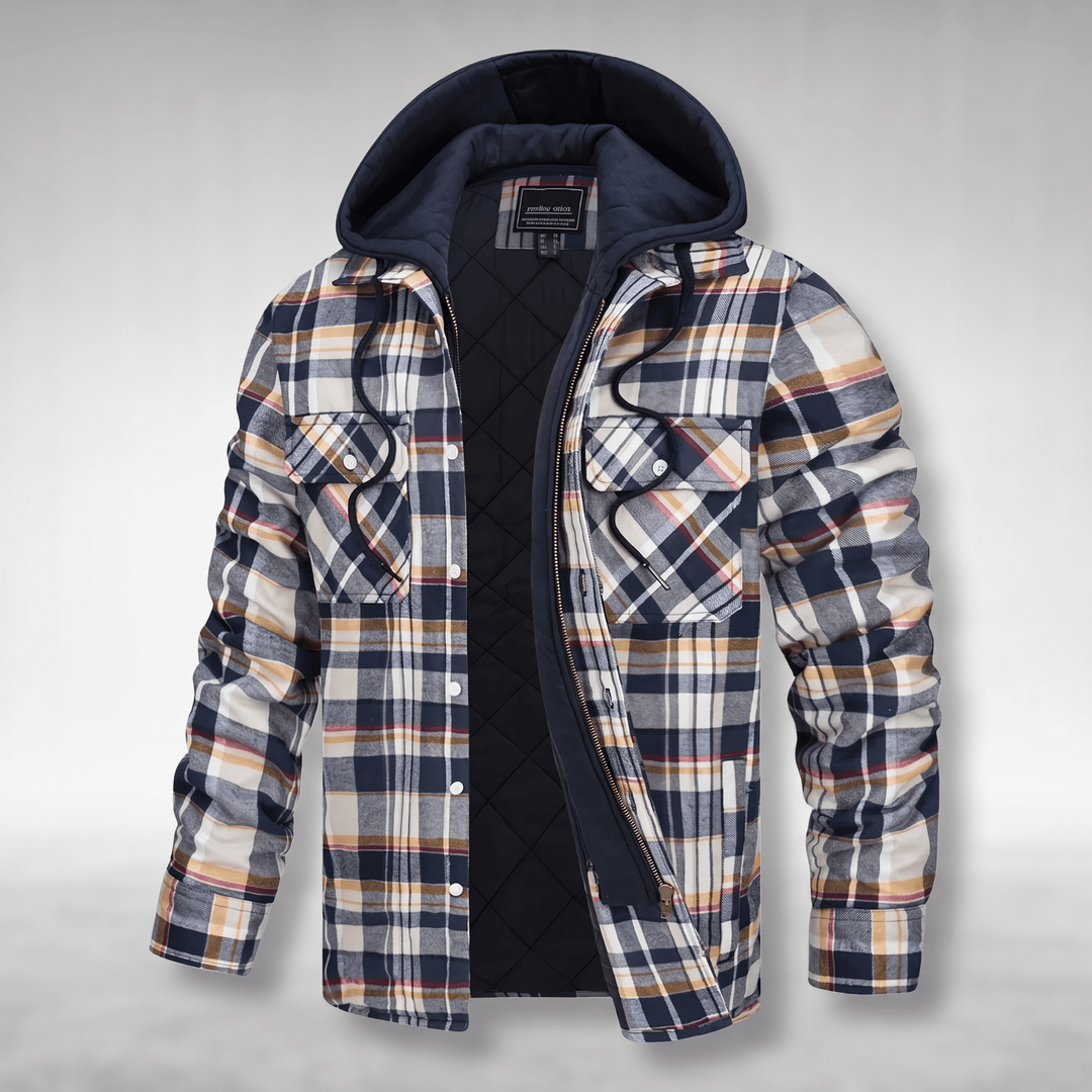 Beige, navy, and orange checked hooded jacket with black quilted lining and button pockets.