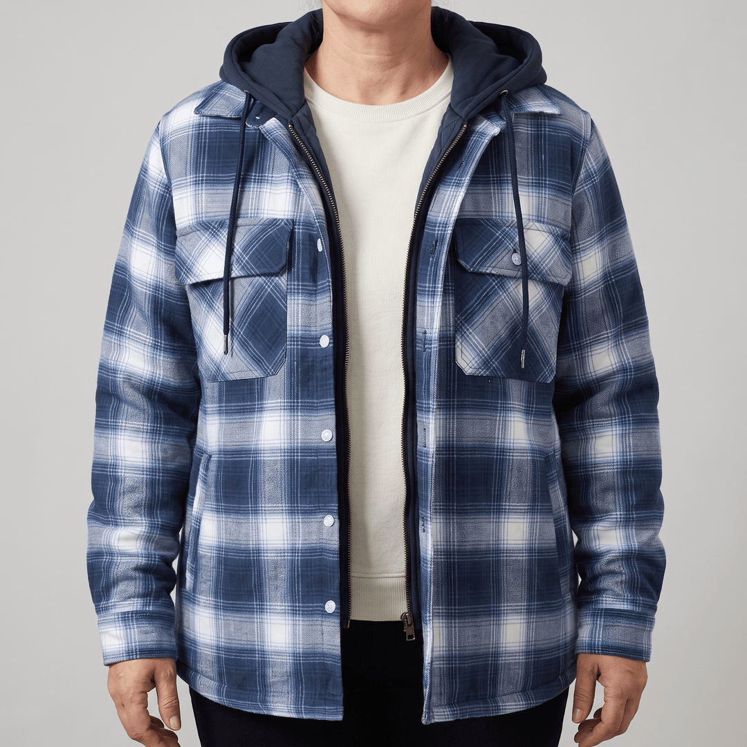 Sky blue checked hooded jacket with black quilted lining and button chest pockets.