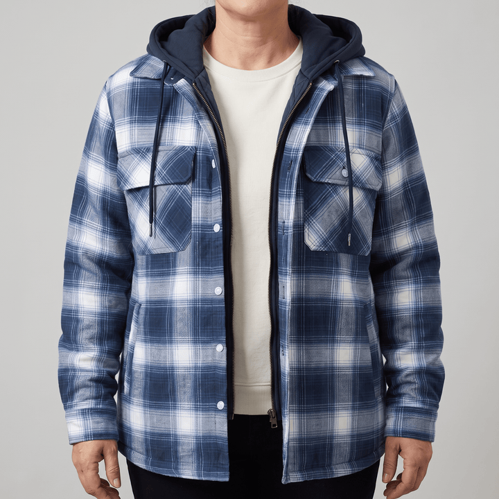 Sky blue checked hooded jacket with black quilted lining and button chest pockets.
