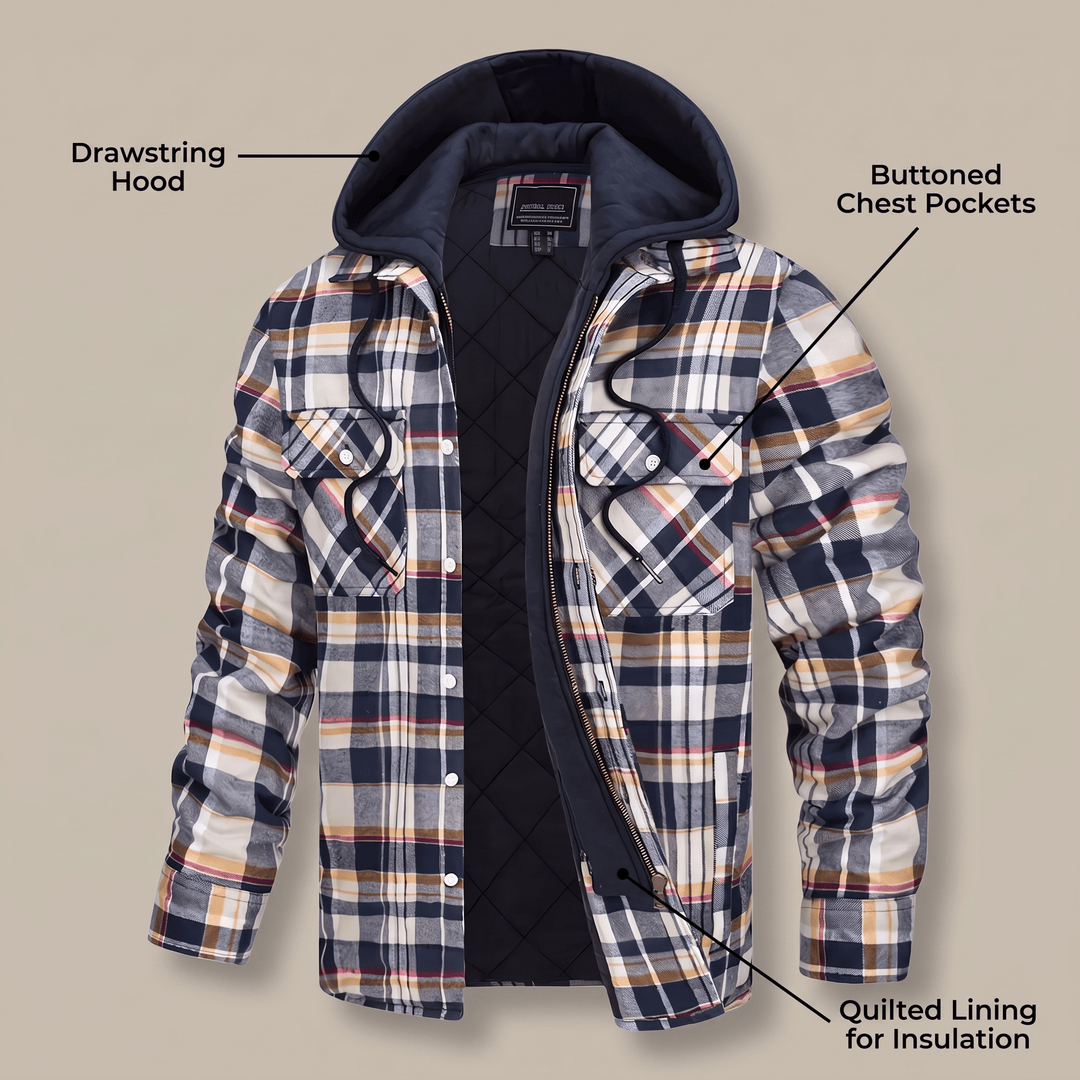 Checked hooded jacket with drawstring hood, button chest pockets, and quilted insulation lining.