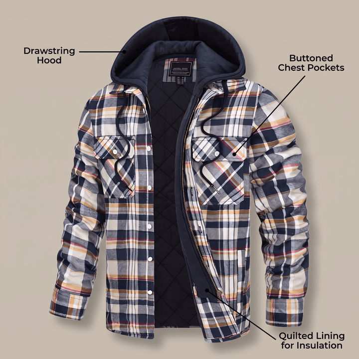 Checked hooded jacket with drawstring hood, button chest pockets, and quilted insulation lining.
