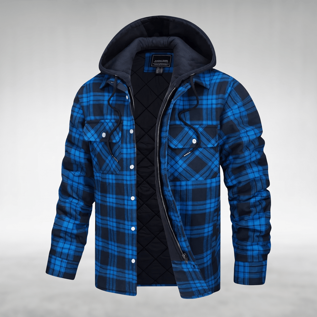 Royal blue checked hooded jacket with black quilted lining, zip front, and chest pockets.