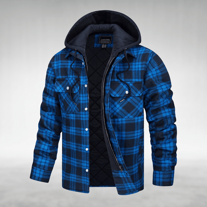 Royal blue checked hooded jacket with black quilted lining, zip front, and chest pockets.
