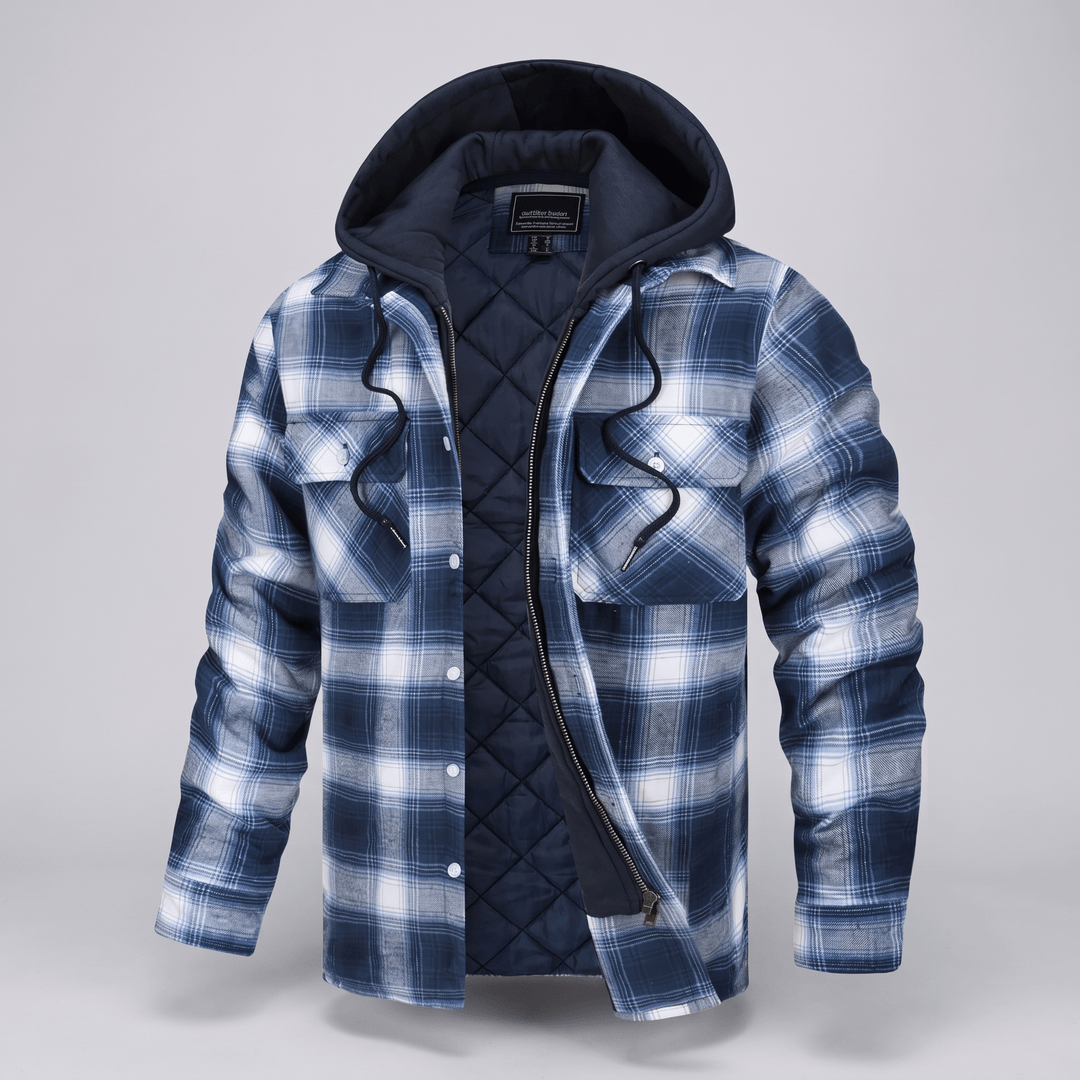 Blue checked hooded jacket with black quilted interior, zip front, and button pockets.