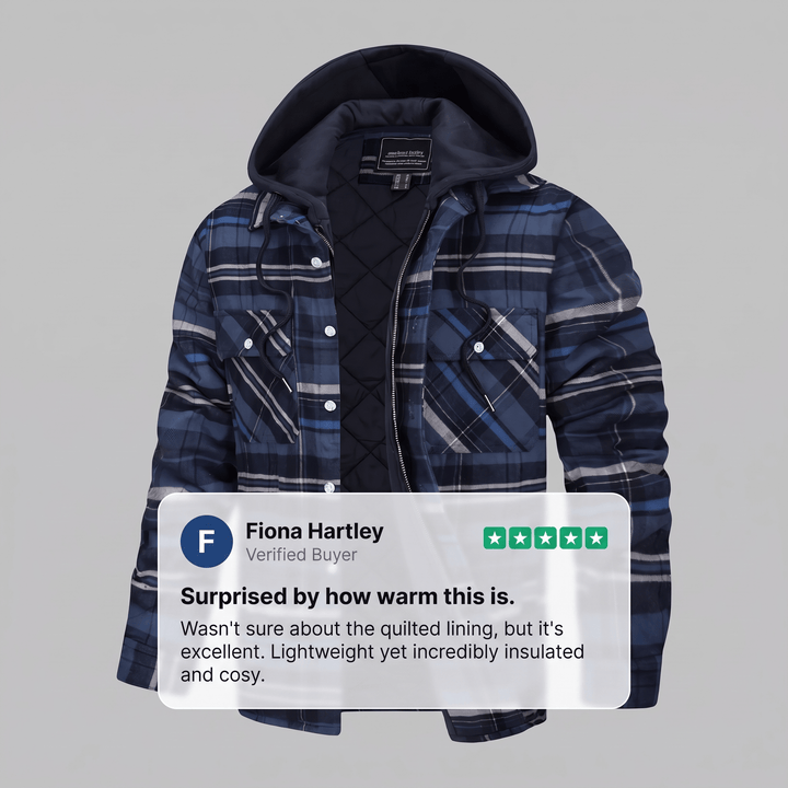 Blue checked hooded jacket with black quilted lining and button chest pockets.