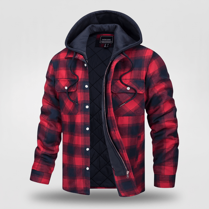 Red checked hooded jacket with black quilted lining, zip front, and button chest pockets.