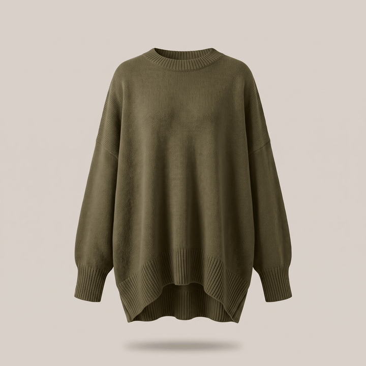 Olive green ribbed knit pullover with crew neck, dropped shoulders, long sleeves
