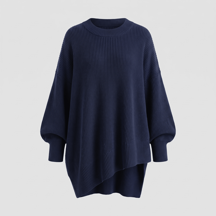 Navy ribbed knit pullover sweater with crew neck, dropped shoulders, long sleeves