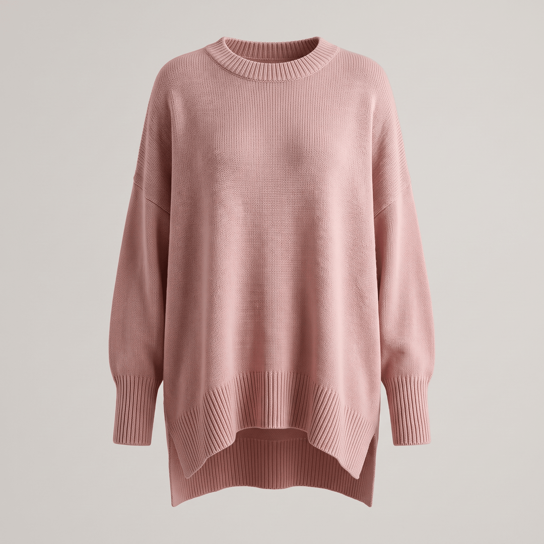 Pink ribbed crewneck pullover with dropped shoulders and long ribbed cuffs