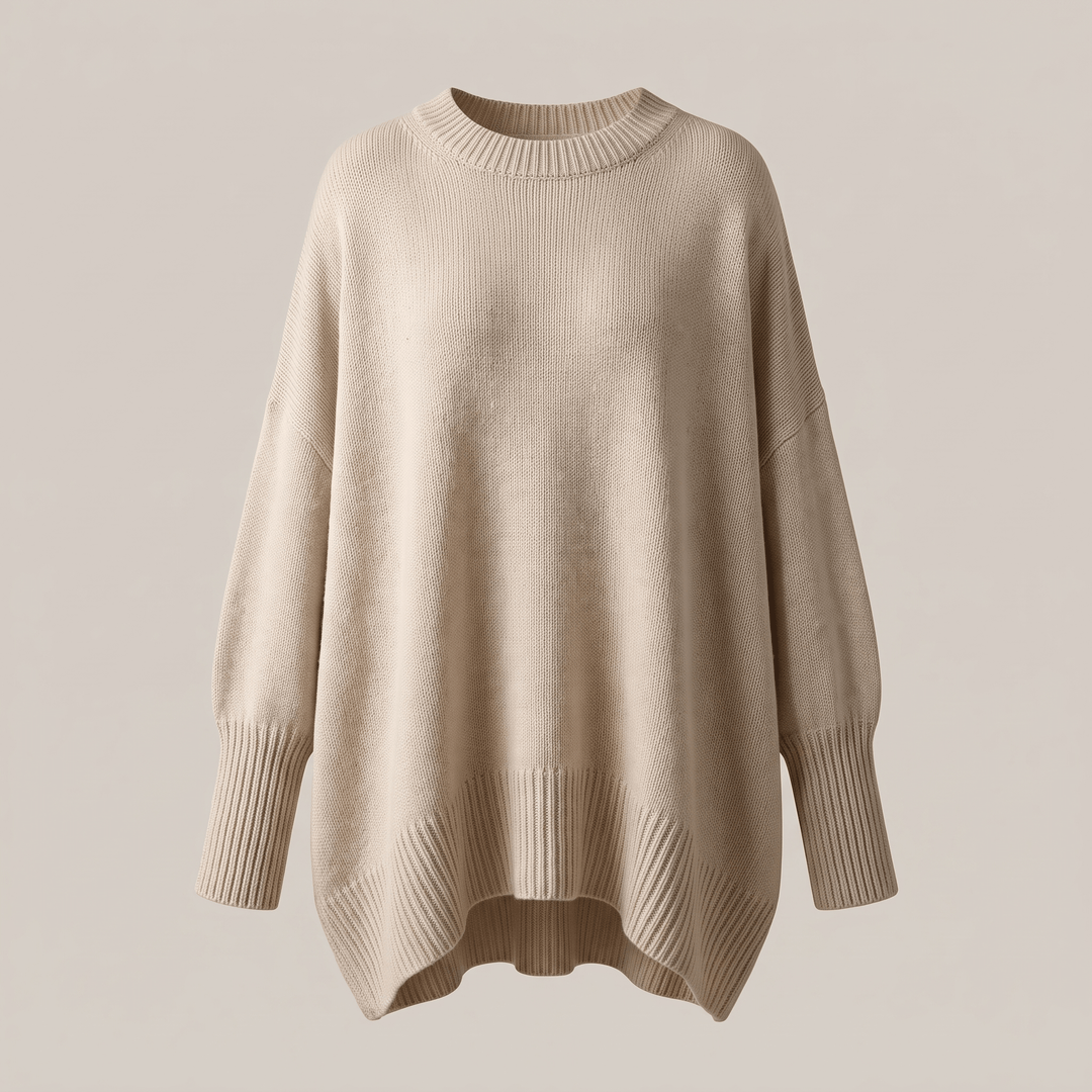 Beige relaxed knit pullover with ribbed crew neck and long sleeves, high-low hem