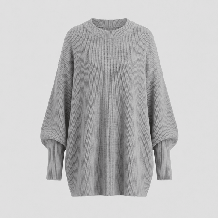 Grey oversized knit pullover with ribbed crew neck, dropped shoulders, long sleeves