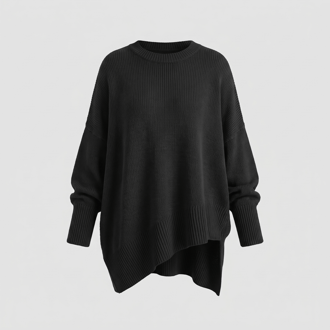 Black ribbed crewneck pullover sweater with dropped shoulders and ribbed hem