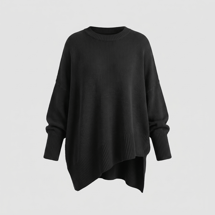 Black ribbed crewneck pullover sweater with dropped shoulders and ribbed hem