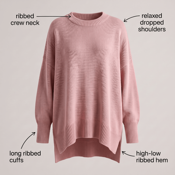 Pink ribbed crewneck pullover with long ribbed cuffs and high-low hem