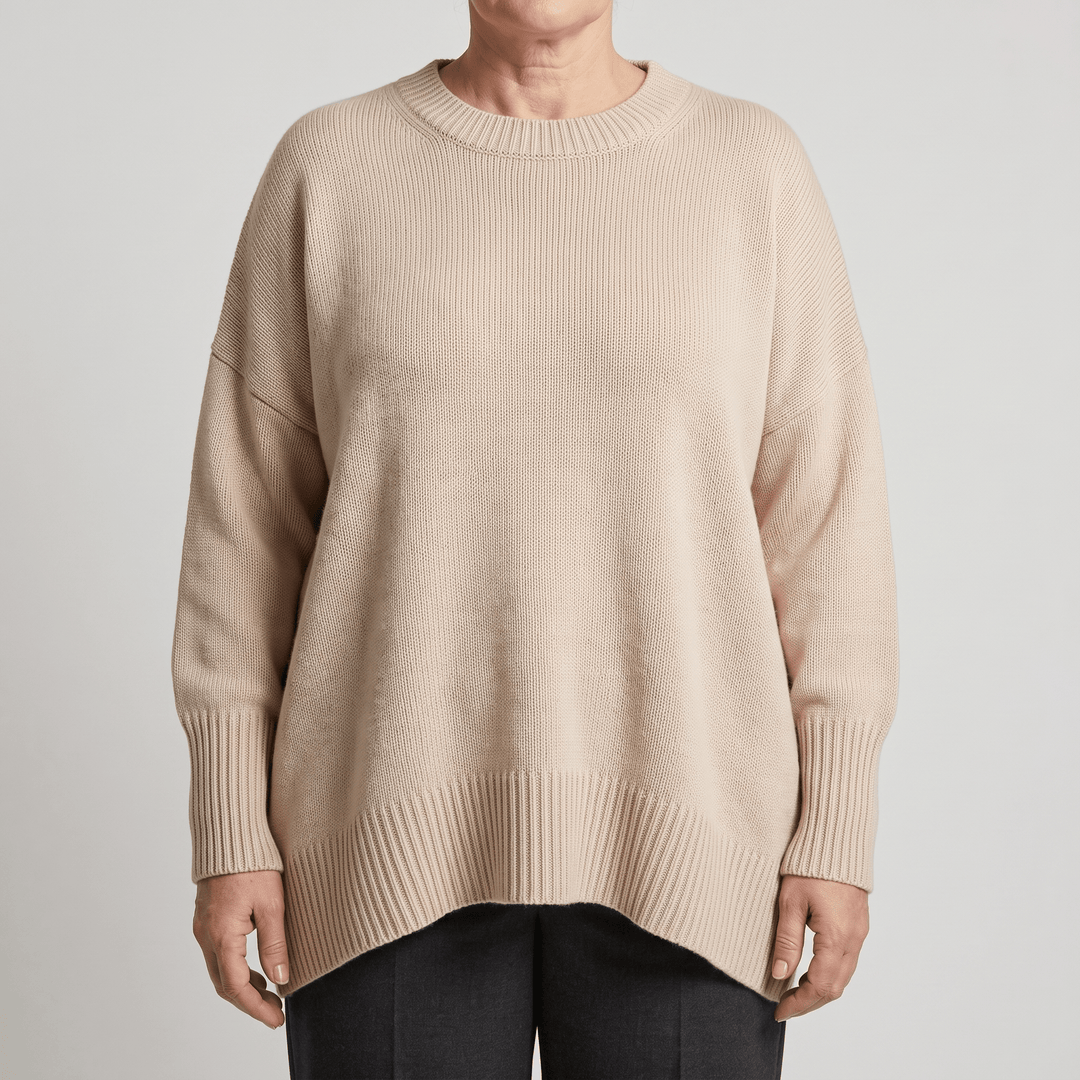 Beige ribbed crewneck pullover sweater with dropped shoulders and long cuffs