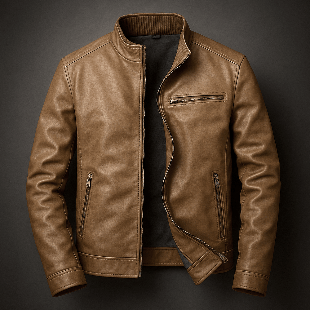 Cigar brown leather jacket with front zipper and chest zip pocket