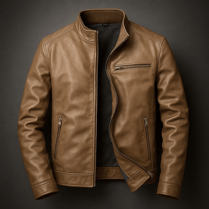 Cigar brown leather jacket with front zipper and chest zip pocket