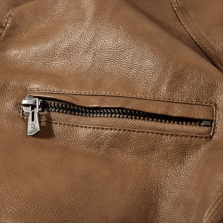 Cigar brown leather zipper pull on leather jacket with metal slider