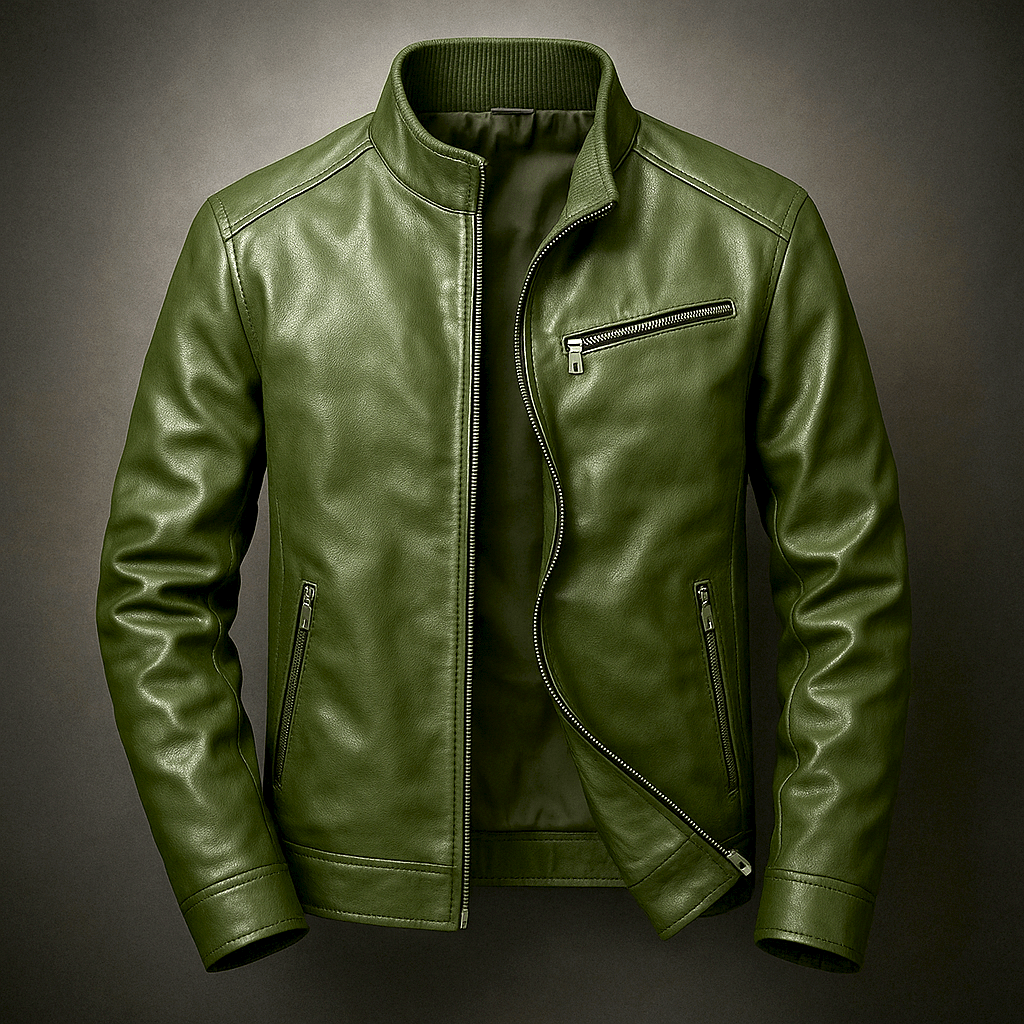 Pine green leather jacket with front zipper and two zip pockets