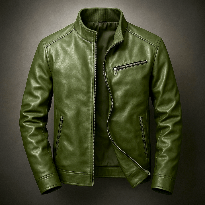 Pine green leather jacket with front zipper and two zip pockets
