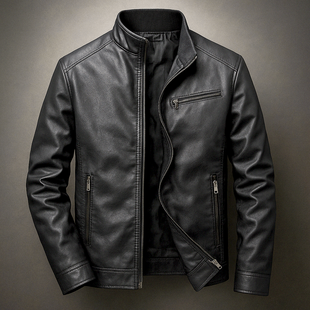 Classic black leather jacket with front zipper and two zip pockets