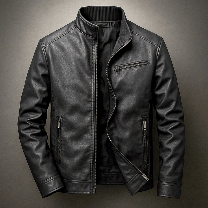 Classic black leather jacket with front zipper and two zip pockets