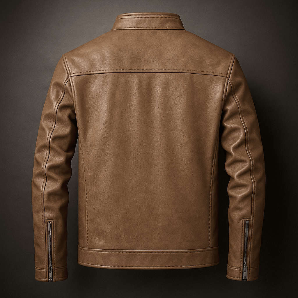 Cigar brown leather jacket back view with zip cuffs and ribbed collar