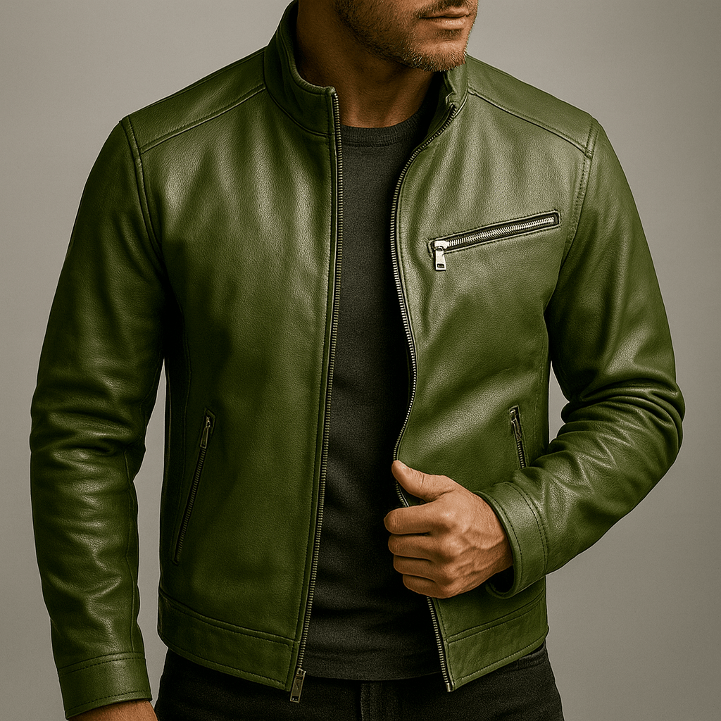 Pine green leather jacket with stand collar, front zipper, and zip chest pocket