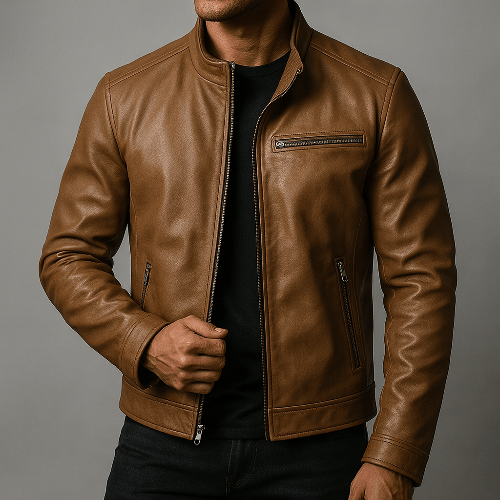 Cigar brown leather jacket with front zipper and two side zip pockets