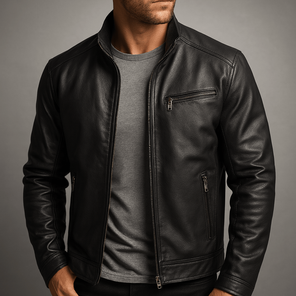 Classic black leather jacket with front zipper, stand collar, and zip pockets