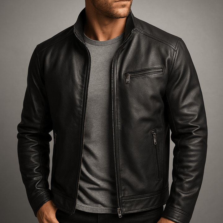 Classic black leather jacket with front zipper, stand collar, and zip pockets
