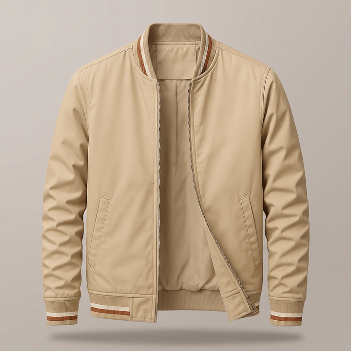 Beige zip bomber jacket with diagonal pocket seams and ribbed cuffs with striped hem.