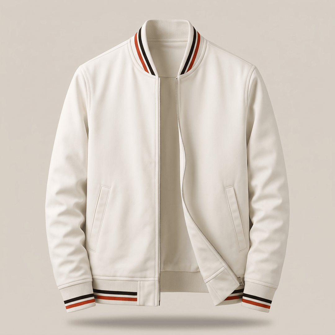 White zip-front bomber jacket with slanted pockets and ribbed cuffs with red striped trim.