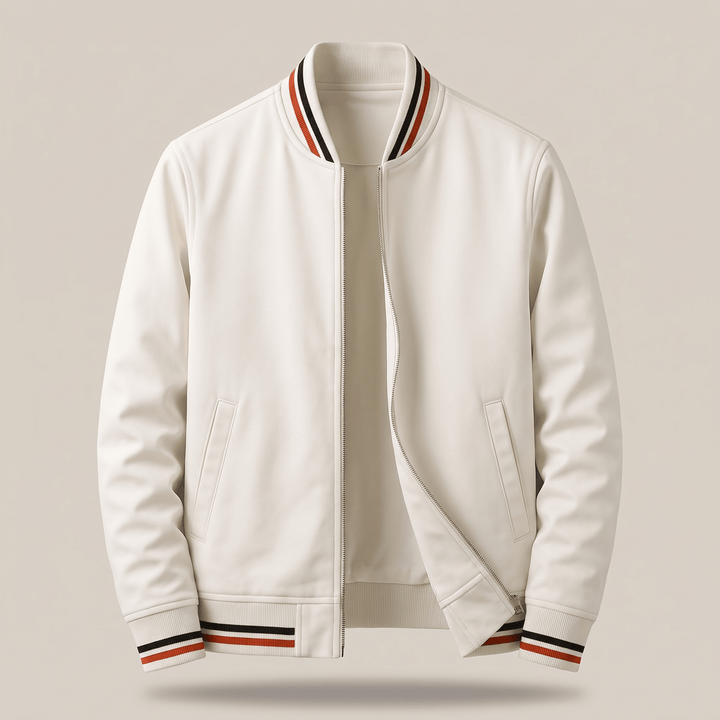 White zip-front bomber jacket with slanted pockets and ribbed cuffs with red striped trim.