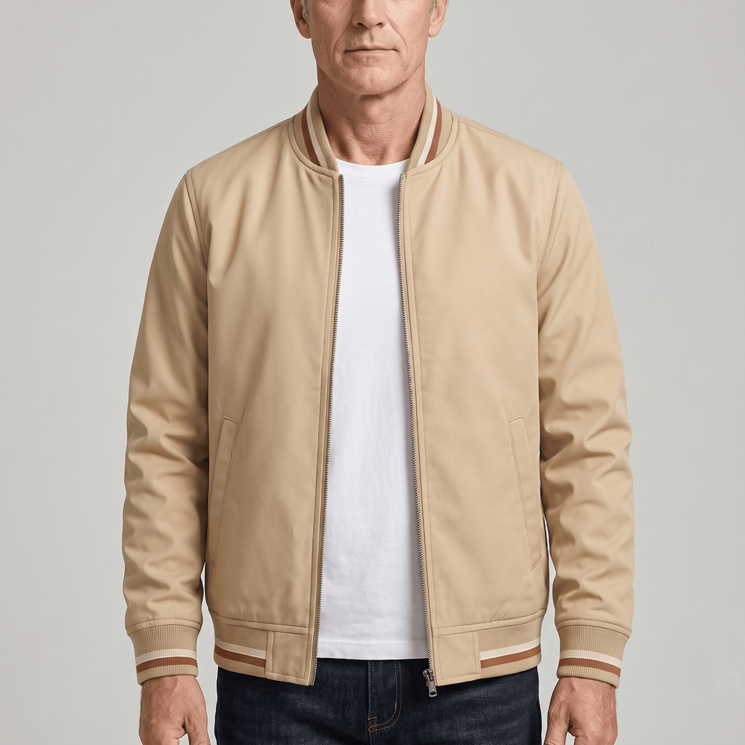 Beige zip-up bomber jacket with ribbed cuffs, striped collar trim, and side pockets.