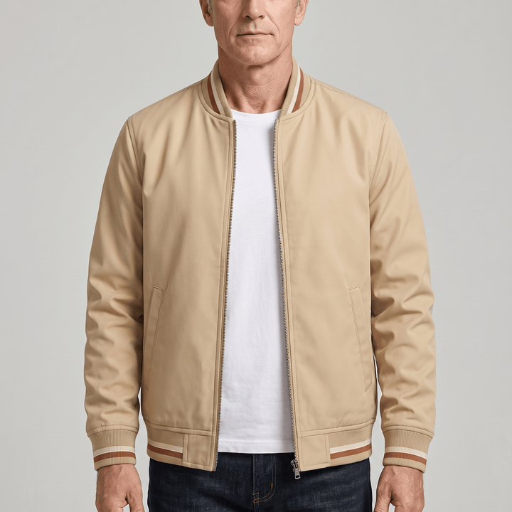 Beige zip-up bomber jacket with ribbed cuffs, striped collar trim, and side pockets.