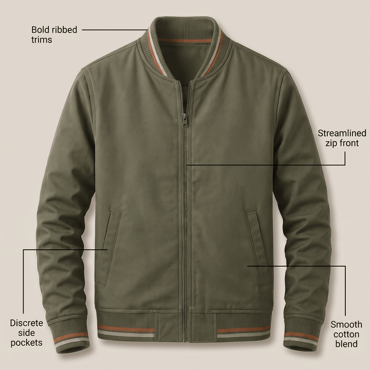 Olive green zip-up bomber jacket with striped ribbed trim and side pockets.