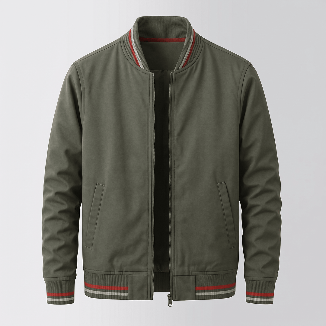 Dark green zip-up bomber jacket with ribbed collar, striped cuffs, and side pockets.