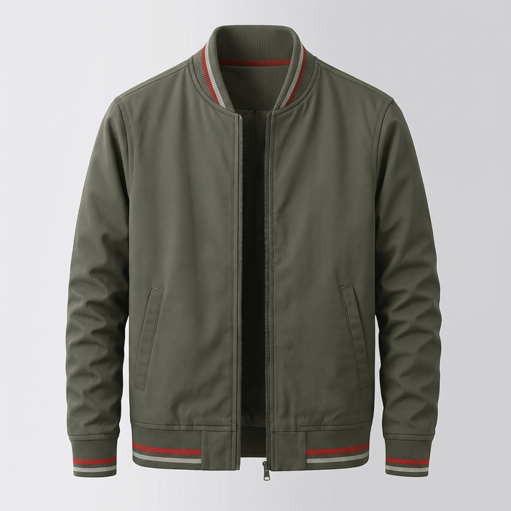 Dark green zip-up bomber jacket with ribbed collar, striped cuffs, and side pockets.