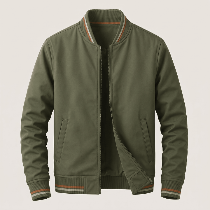 Dark green zip-front bomber jacket with ribbed cuffs and striped hem band.