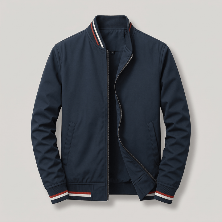 Navy zip-up bomber jacket with ribbed collar and striped cuffs and hem band.