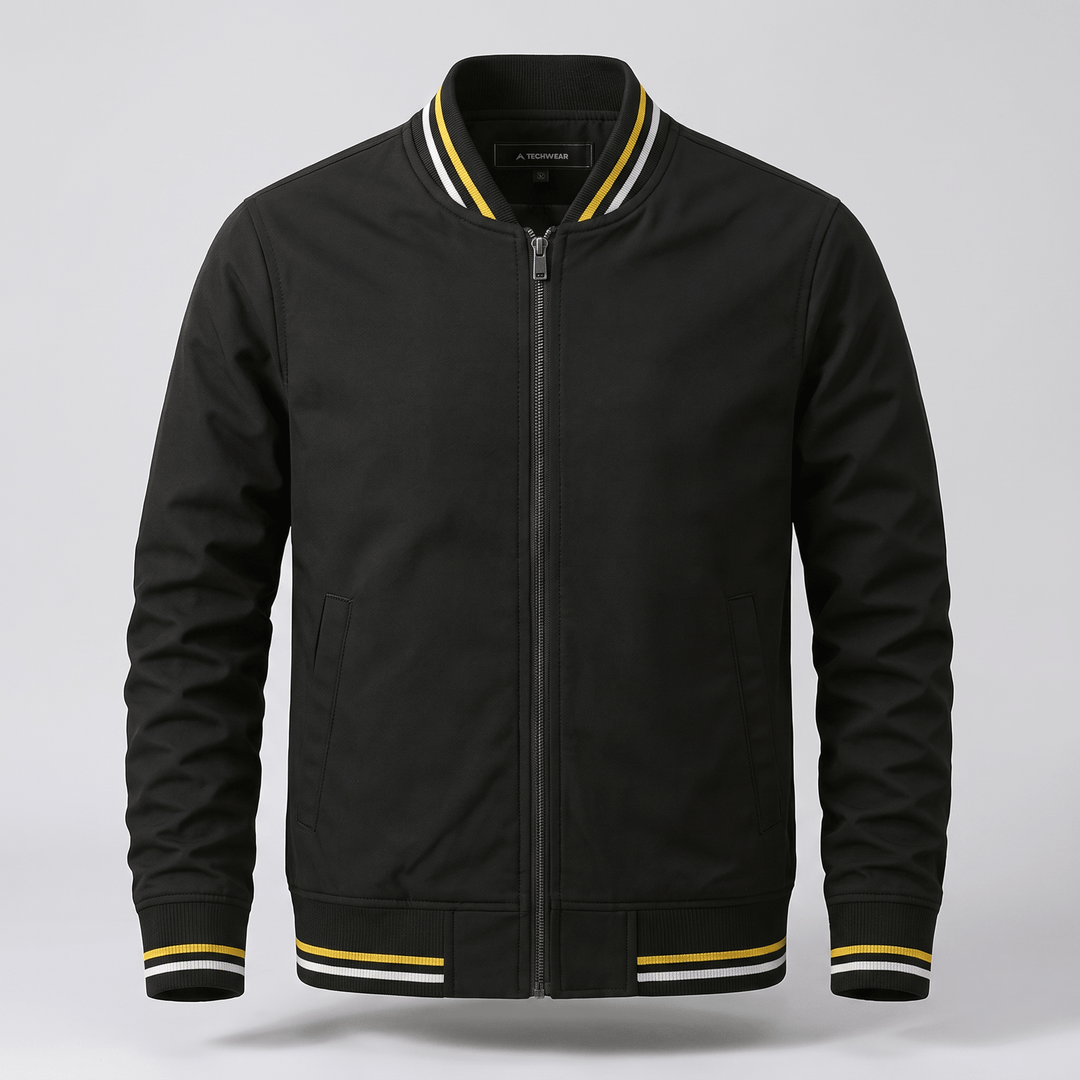 Black zip-up bomber jacket with ribbed collar and yellow striped cuffs and hem.