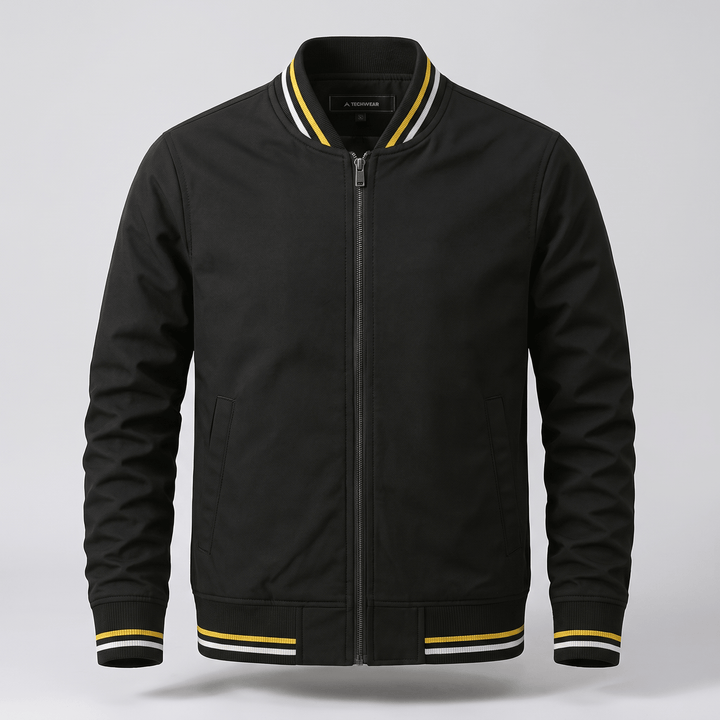 Black zip-up bomber jacket with ribbed collar and yellow striped cuffs and hem.