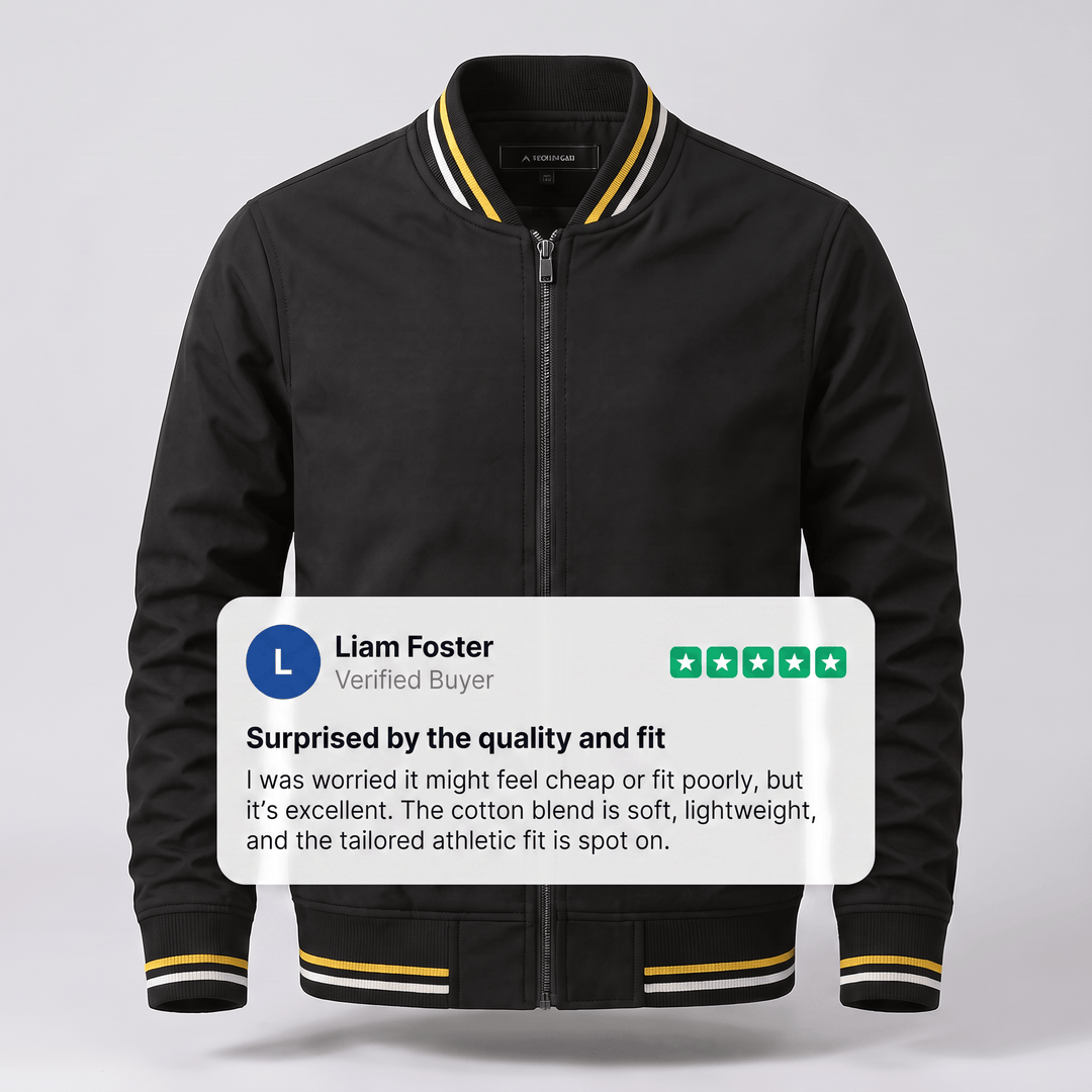 Black zip-up bomber jacket with ribbed collar and contrast yellow striped trim.