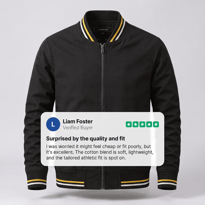 Black zip-up bomber jacket with ribbed collar and contrast yellow striped trim.