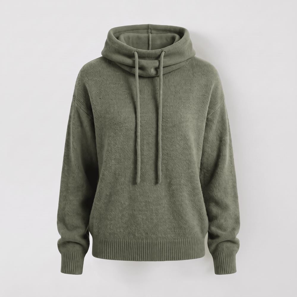 Green knitted pullover hoodie with drawstring hood and ribbed cuffs, front view.