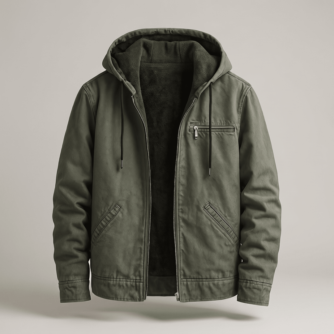 Green lined hooded jacket with zip front, sherpa lining and side pockets